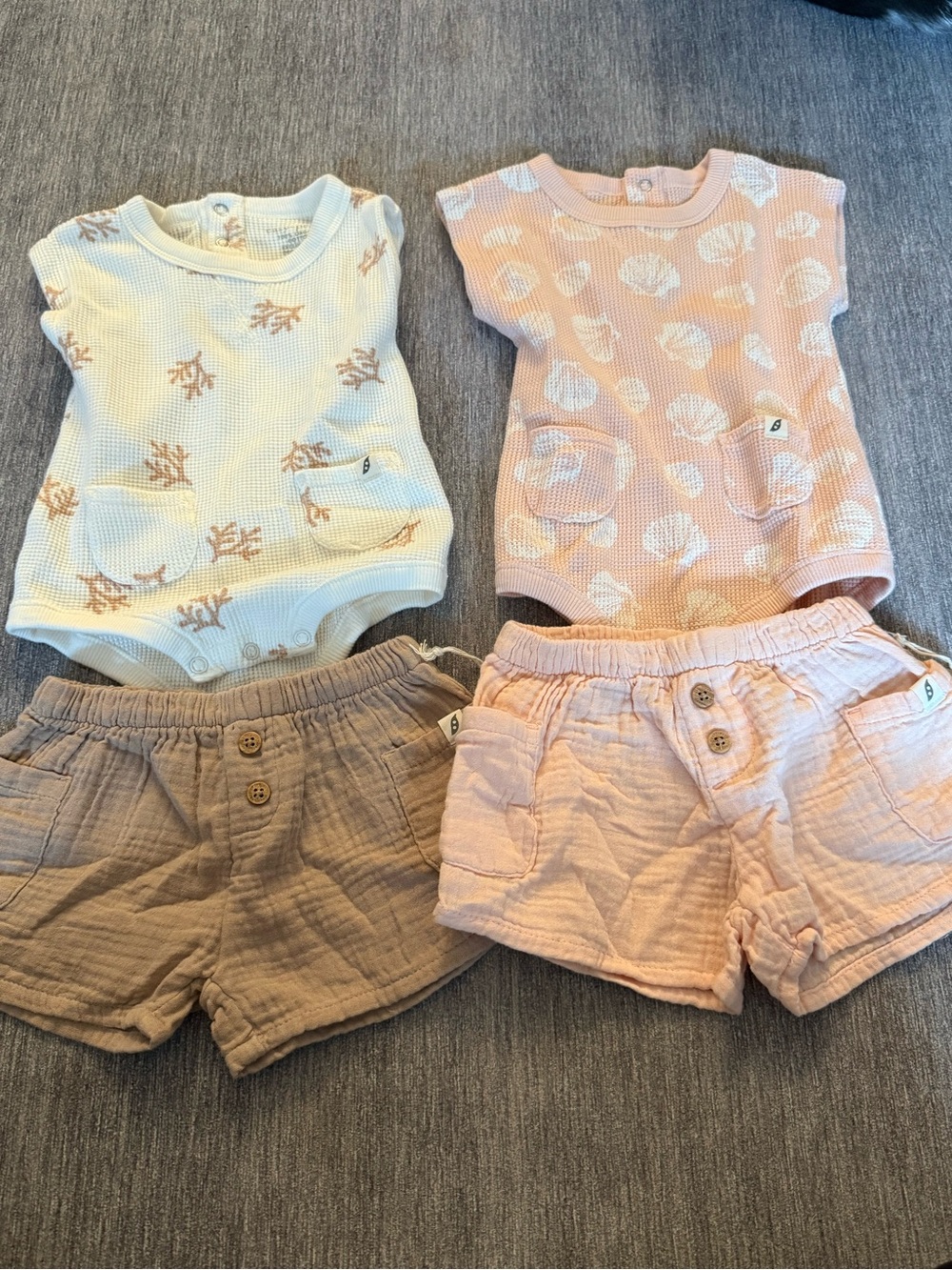 Children's Cozy Waffle Romper & Shorts Set - Pink, Cream, Brown